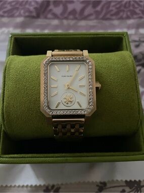 Tory Burch Goldtone Crystal-Trim Rectangular Bracelet Watch